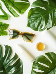 Poster - Sunglasses and sunscreen are arranged among lush green tropical leaves, creating a perfect summer vibe for outdoor activities. Generative AI