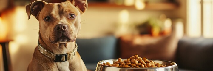 Aufkleber - A calm dog waits beside a shiny food bowl filled with kibble, enjoying a peaceful moment in a warm, inviting space. Generative AI