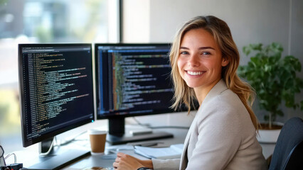 Confident female programmer sitting at her desk in a modern office environment, surrounded by two large monitors displaying lines of code.