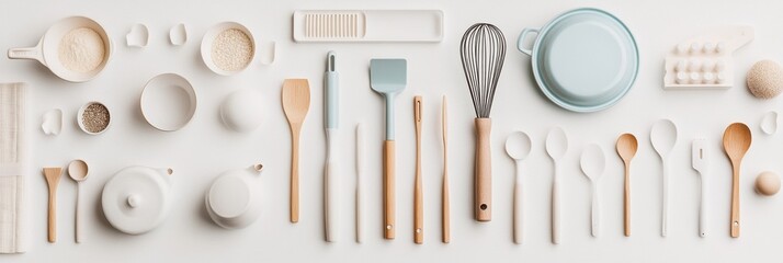Aufkleber - A tidy set of kitchen utensils—spatulas, whisks, and small pots—neatly arranged on a white surface for a clean, spacious vibe. Generative AI