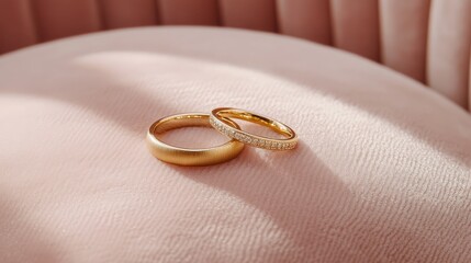 Wedding rings on a light pink velvet cushion with soft, warm lighting for a romantic setting.