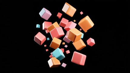 Poster - Colorful geometric shapes suspended in the air, creating a vibrant display against a dark background