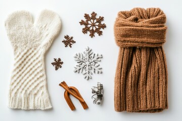 Poster - Cozy winter accessories include warm gloves and a soft scarf against a white backdrop, perfect for adding your own message or design. Generative AI