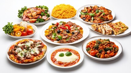 Poster - A variety of Italian, Japanese, and Mexican dishes are beautifully arranged on a white background, perfect for showcasing culinary art. Generative AI