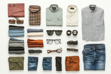 Aufkleber - A variety of clothing items such as shirts, pants, and accessories are neatly displayed on a white background, allowing for text insertion. Generative AI