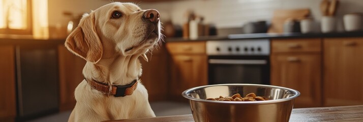 Poster - A dog with a collar sits patiently next to a stainless steel bowl filled with food, eagerly waiting for mealtime in a warm kitchen. Generative AI