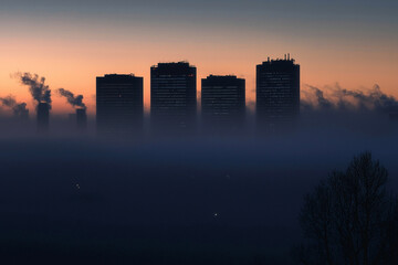 Wall Mural - Foggy dawn skyline with building silhouettes