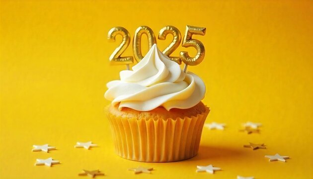 2025, happy new year, A cupcake with white frosting, surrounded by gold and yellow decorations including a 2025 sign, stars, and confetti, banner, poster, created with generative ai