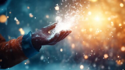 Poster - Magic Christmas and New Year background: hand catches falling snowflakes, festive atmosphere with particles around