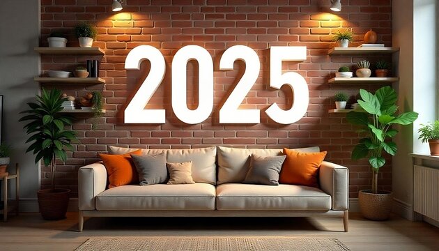 2025 Happy New Year, A modern interior with large 2025 numbers on the wall, shelves with decorative items, and a brick wall background, banner,  celebration template created with generative ai