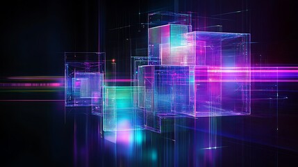 Poster - abstract digital cubes with colorful lights and glowing elements in a futuristic space environment