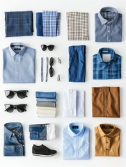 Aufkleber - Different styles of shirts, pants, and accessories arranged neatly, providing ample blank space for personalized text or branding. Generative AI