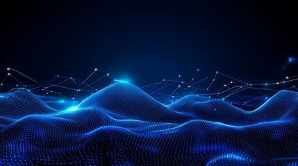 Poster - abstract digital landscape with blue waves and glowing network connections in a dark background