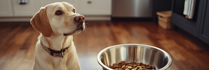 Aufkleber - A dog sits attentively beside a stainless steel bowl filled with food in a warm kitchen. The pet seems eager to eat its meal. Generative AI