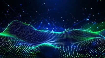 Poster - abstract digital landscape with gradient waves and sparkling points in a futuristic blue and green c