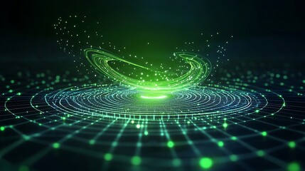 Poster - abstract digital representation of data flow with neon green swirl on a dark background