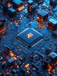 ©  Dreamy Shots - Close-up of glowing AI microchip on blue circuit board with orange lights, futuristic technology, artificial intelligence, innovation in electronics, high-tech design