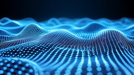 Poster - abstract digital waveform visualization with blue dots and grids on black background for technology 