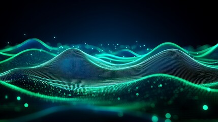 Poster - abstract digital waves with glowing blue and green lights in a dark background for futuristic concep