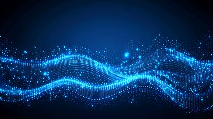 Poster - abstract digital waves with glowing particles in blue background for technology and science designs