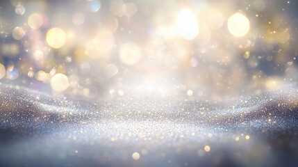 Aufkleber - Dazzling, high-resolution abstract background featuring a mesmerizing blend of silver and gold glitter, bokeh lights, and vibrant hues of white, blue, and gold. Perfect for creating luxurious and fest