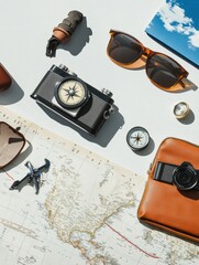 Poster - Explore travel essentials like a compass, map, small camera, and sunglasses arranged neatly on a white background, ready for use. Generative AI
