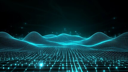 Poster - Abstract Waveform Visualization with Glowing Lines and Dots in Dark Background for Digital Concept and Art