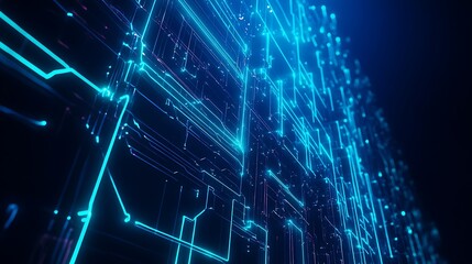 Poster - blue and black abstract technology background with glowing circuit lines and digital patterns