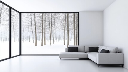 Winter scene interior modern living room snowy landscape view minimalist design peaceful atmosphere