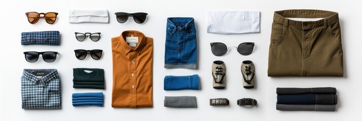 Poster - An array of clothing items such as shirts, pants, and various accessories arranged on a clean white surface, perfect for showcasing fashion. Generative AI