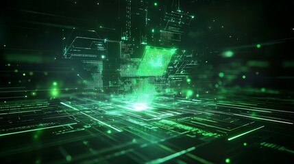 Poster - futuristic abstract background with green digital elements and glowing lights for technology and inn