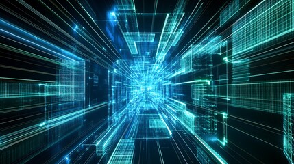 Poster - futuristic abstract digital network with blue luminescent lines and geometric shapes in motion