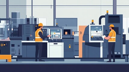 Poster - Factory workers using diagnostic tools for machinery maintenance and repair.