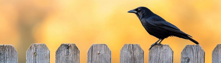 A black bird perched elegantly on a wooden fence against a blurred backdrop of autumn colors.