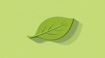 Wall Mural - A single green leaf with veins and a shadow on a green background.