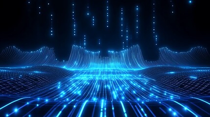 Poster - Futuristic Blue Digital Landscape with Glowing Particles and Waves Representing Technology and Connectivity