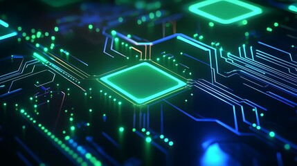 Poster - futuristic circuit board with neon lights and glowing microchips in dark background