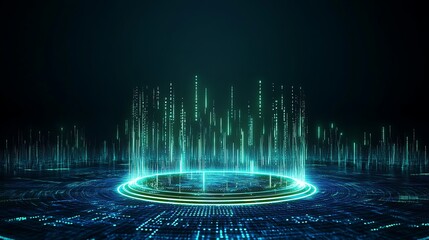 Poster - futuristic data visualization with neon green lights and digital patterns in dark background