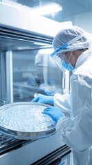 Poster - A laboratory scientist examining polymer samples with advanced equipment in a bright, clean research environment, highlighting precision and technology