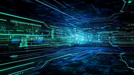 Poster - futuristic digital interface with neon glowing lines and data streams in abstract technological envi