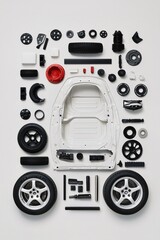 Poster - A showcase of lightweight polymer components for the automotive industry, set on a clean white background, symbolizing efficiency and application diversity