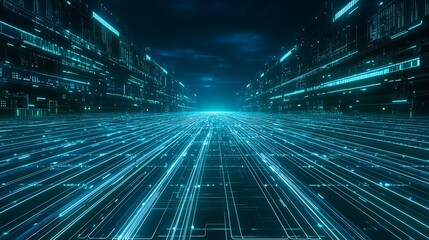 Poster - futuristic digital landscape with glowing lines and abstract data structures in a cyber environment