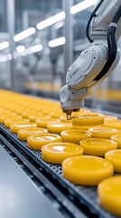 Poster - A robotic arm assembling polymer parts in an automated production line, capturing technological advancements and manufacturing efficiency