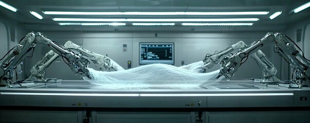 Poster - A futuristic factory manufacturing polymers, with robotic arms weaving advanced polymer fibers for aerospace applications