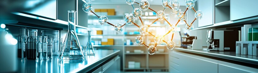 Poster - A vibrant visualization of polymers with unique thermal conductivity, displayed in vivid glowing molecular chains in a research environment