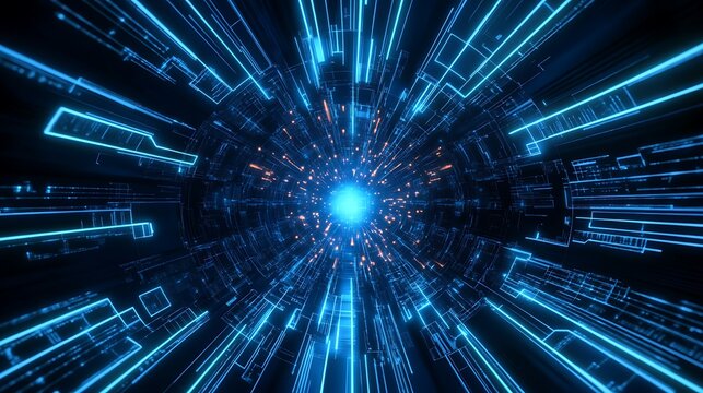 Futuristic Digital Tunnel with Blue Light and Flowing Data Lines in Abstract Technology Design