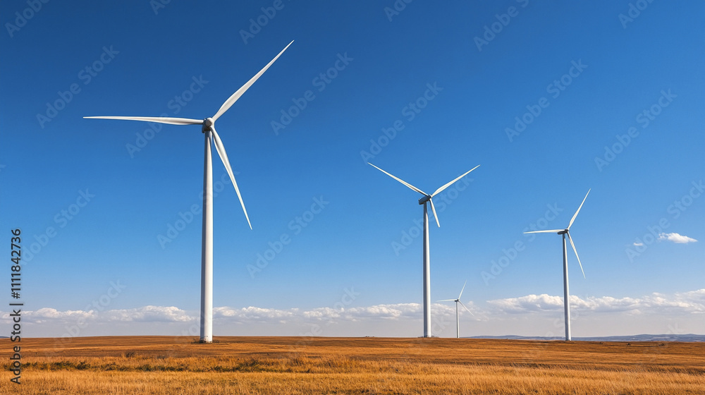 Molinos de viento en un campo amplio bajo un cielo azul despejado ...