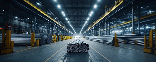 Poster - stainless steel rods stacked in a warehouse, highlighting their strength, corrosion resistance, and 