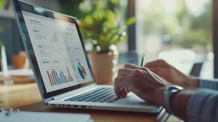 Poster - Professional analyzing data on laptop in bright workspace during afternoon hours