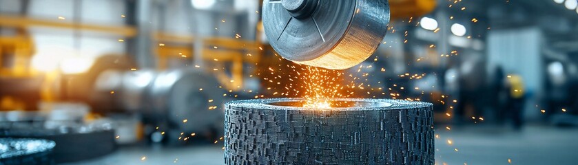 Poster - Wide-angle shot of a metallurgical plant with molten metal being poured into molds, showcasing industrial production processes